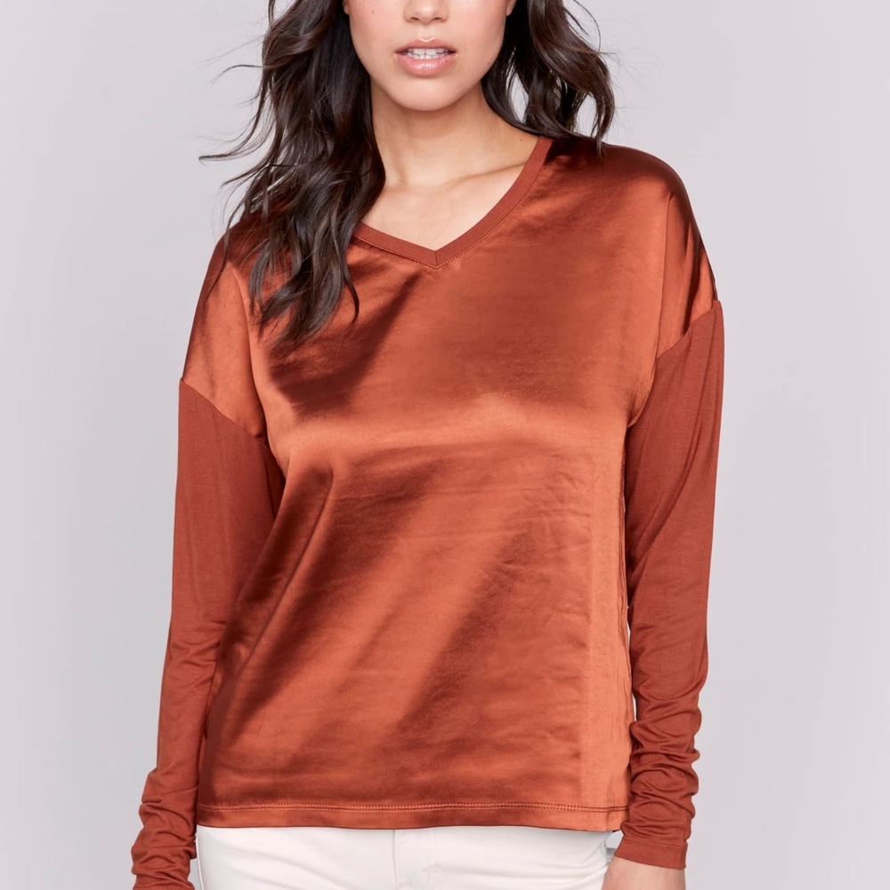 Charlie  B Terra Cotta Long Sleeve Satin Top